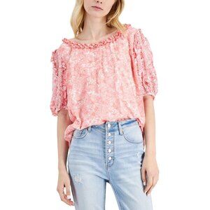 NEW Studio By JPR Floral-Print Sheer Puff Sleeve Blouse Top Shell Pink / White M